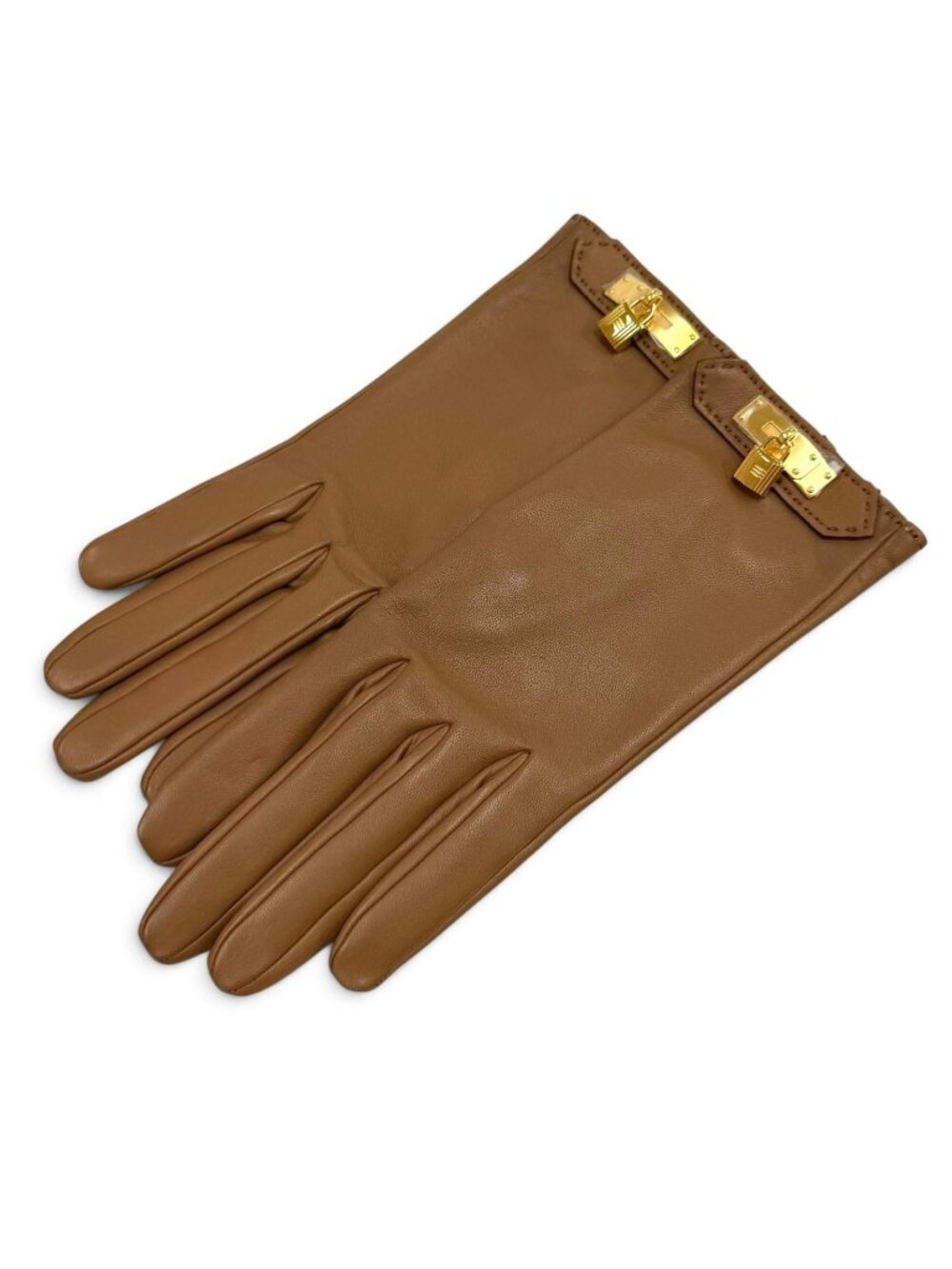 Hermes Lambskin Lining Silk 100% Gold Kelly Gloves Brown 6.5